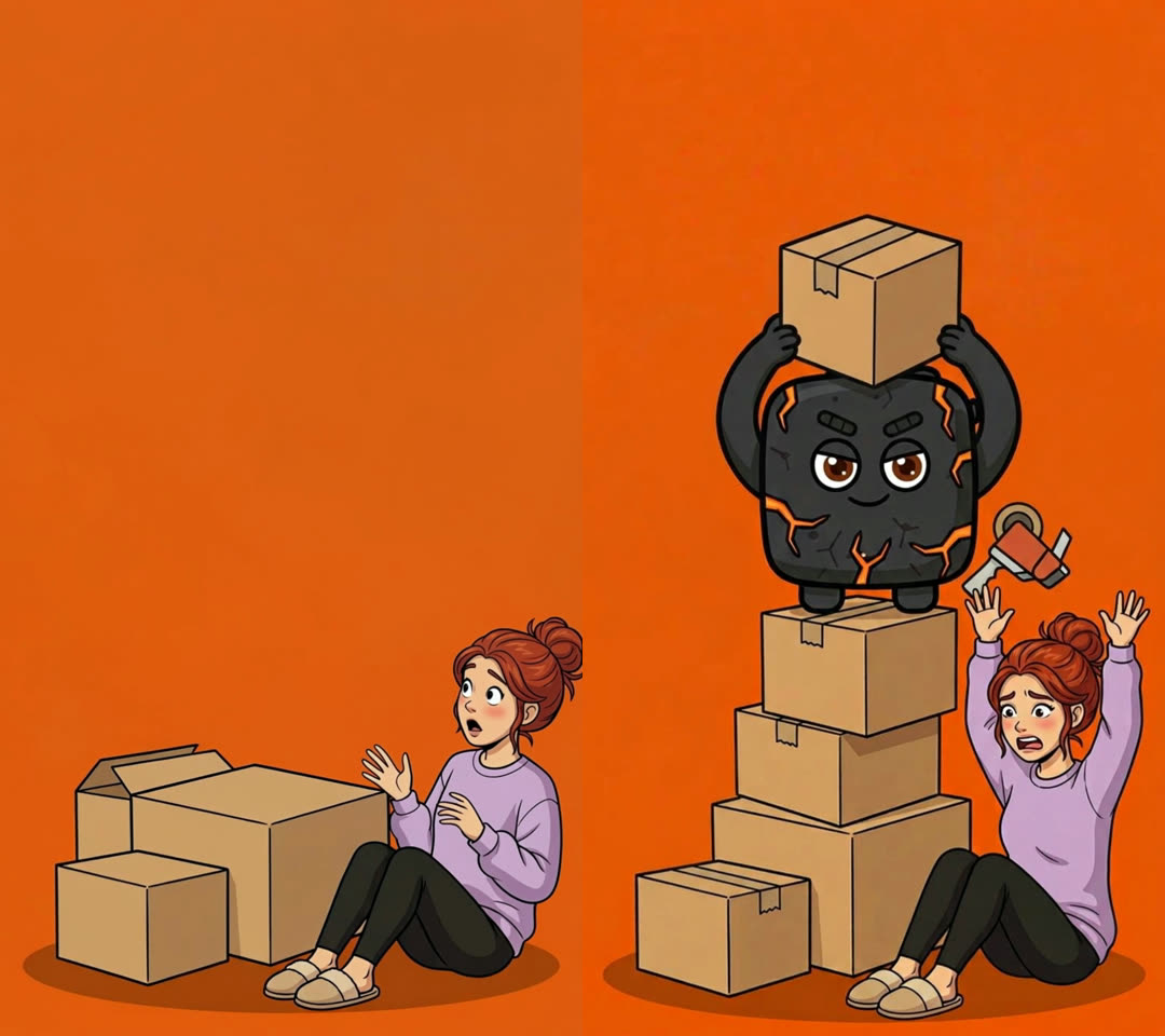 Left: the box and Blocky have vanished, leaving the woman alone. Right: Blocky stands on the boxes holding the sealed box over his head.