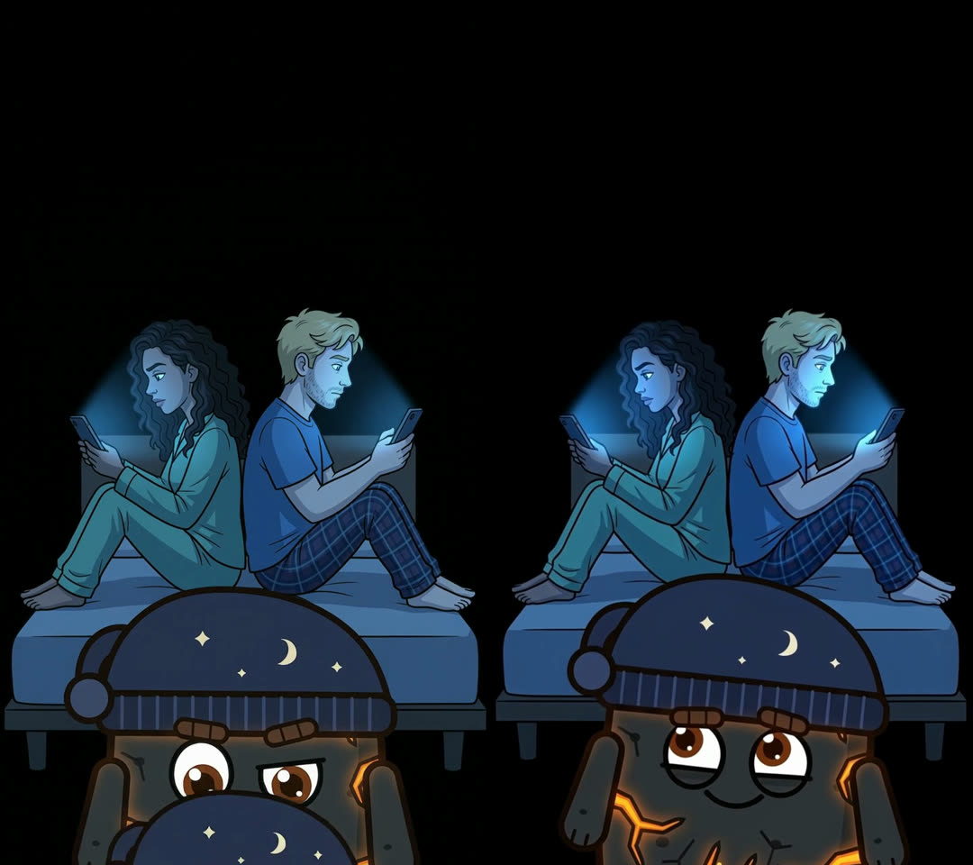 Left: a couple in bed with two Blockys in nightcaps at the foot of the bed. Right: the same shot with one Blocky.