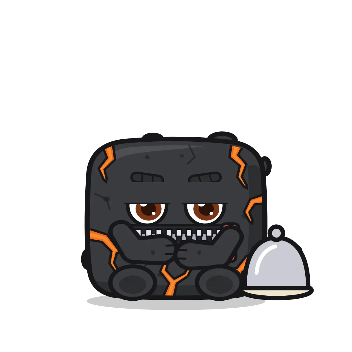 The rock, sitting with his arms folded, with a zip across his mouth, a covered dish beside him.