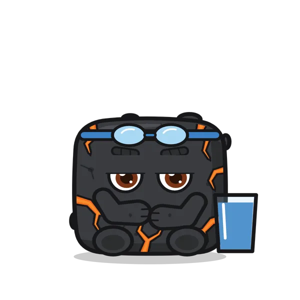 Blocky, the rock, sitting with his arms folded, goggles on his forehead, a glass beside him.