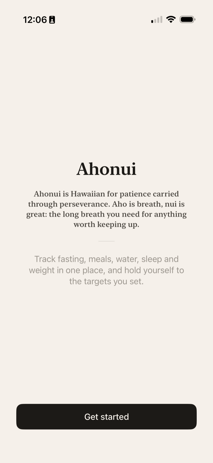 The first screen of the app, explaining what the word Ahonui means.