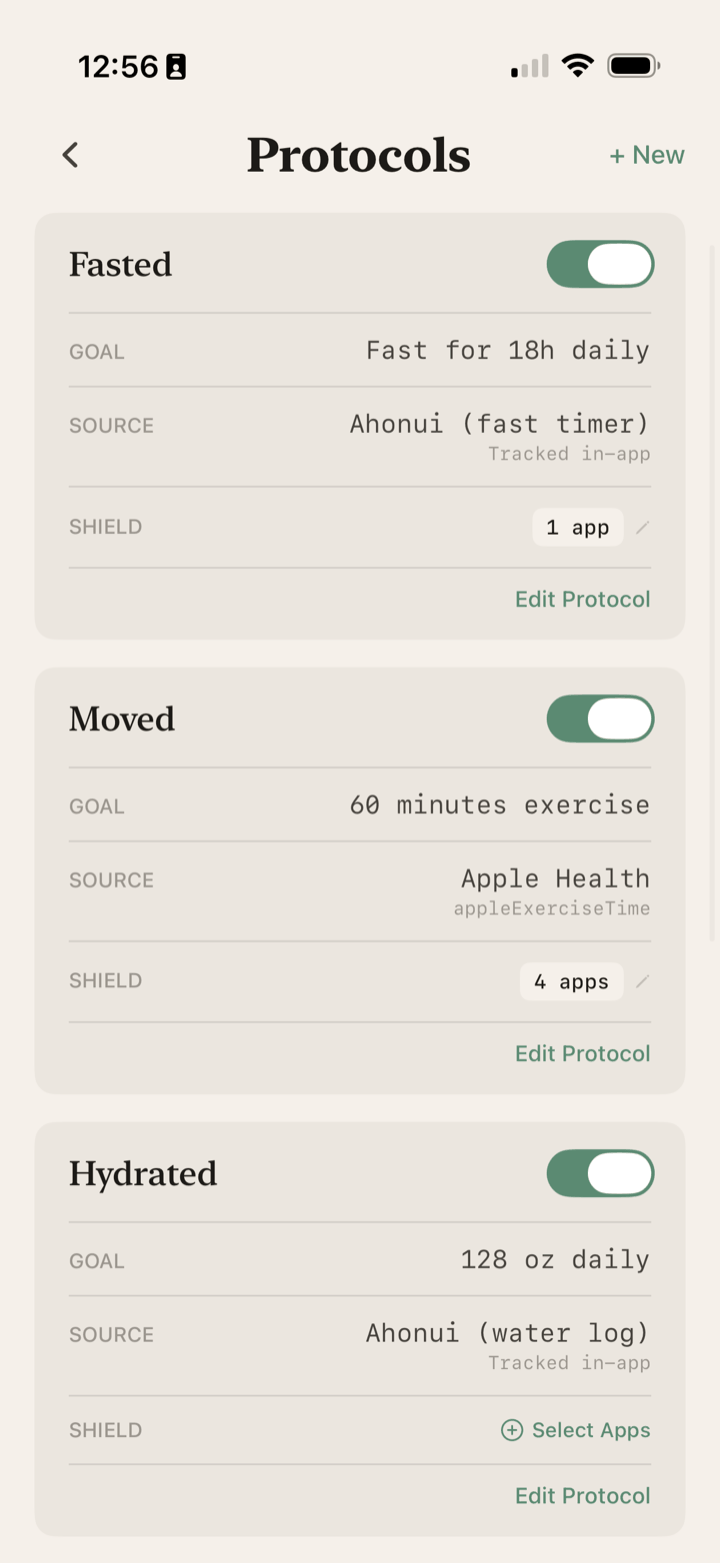 The Protocols screen. Each rule is a card listing its goal, its source and the apps that wait for it.