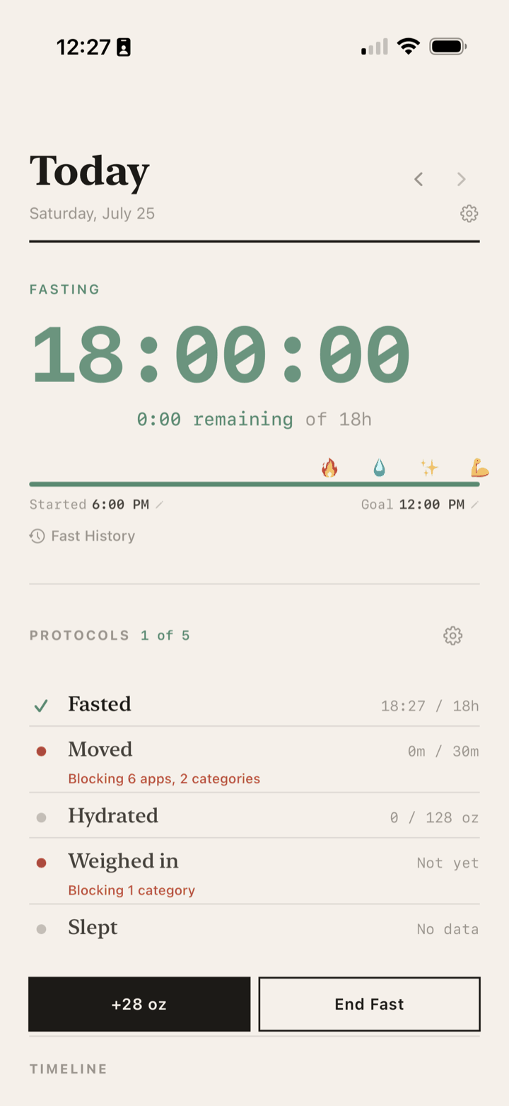 The Today screen with a fast still running, the timer counting in green toward its goal.